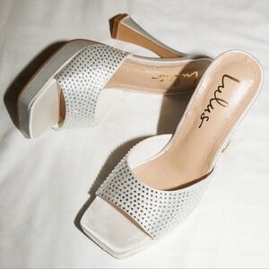 Lulus Karelee Silver Satin Rhinestone Platform High Heel Sandals, Size 11 (NIB)!